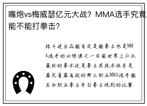 嘴炮vs梅威瑟亿元大战？MMA选手究竟能不能打拳击？